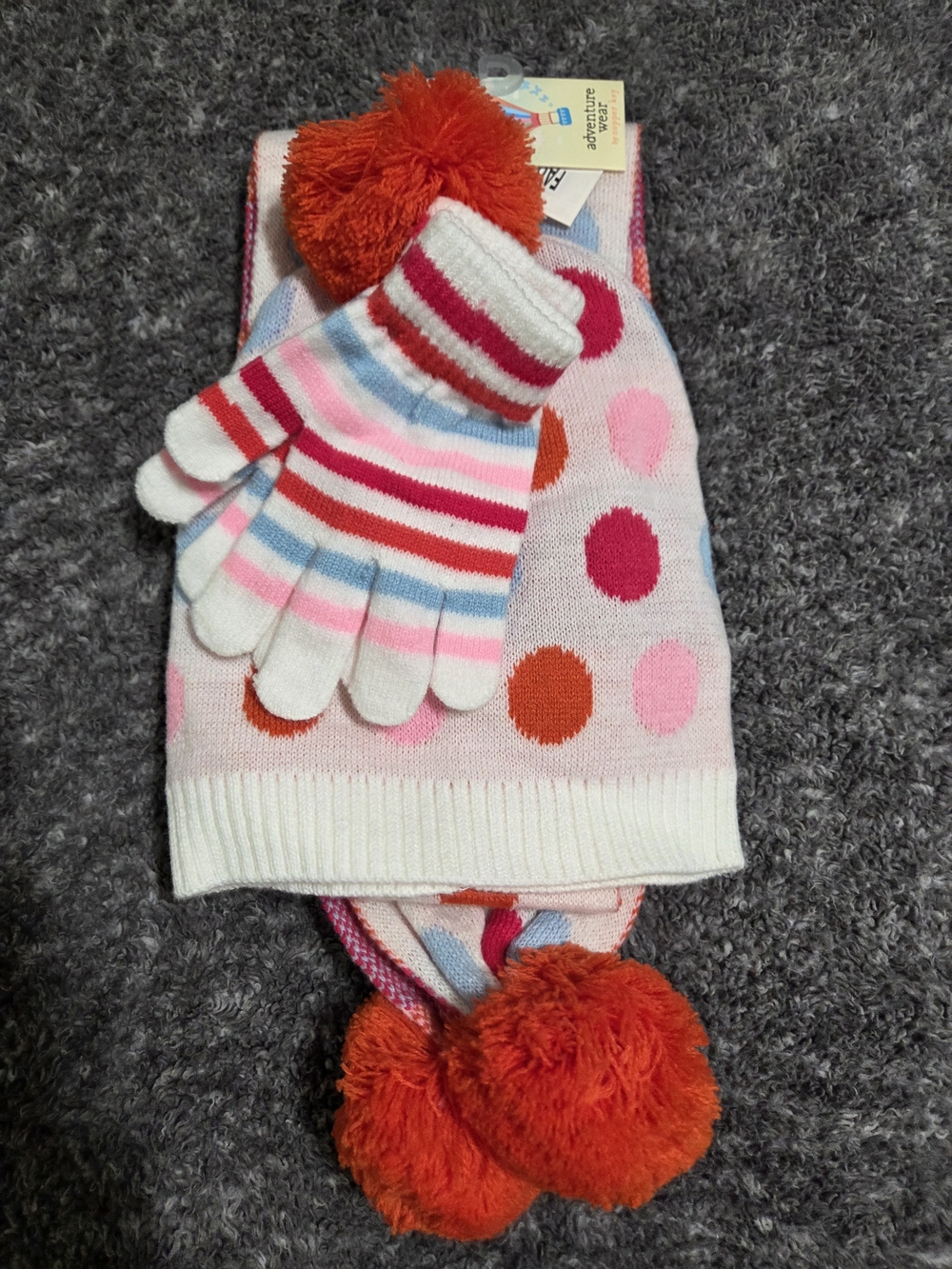 Copper Key Pink Polka Dot Hat, Scarf & Striped Gloves Set with Orange Poms